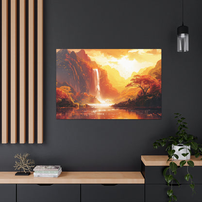 Dreamy Landscape Sunset with Waterfall and Mountains - Digital Illustration Canvas Gallery Wraps