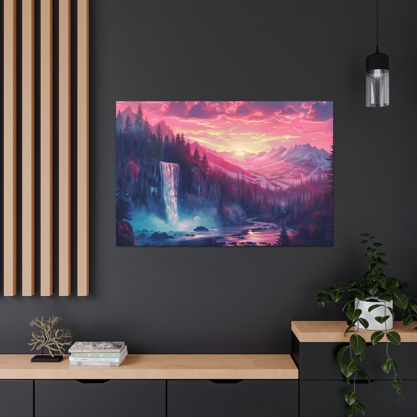 Dreamy Landscape with Waterfall and Mountains - Purple Evening Digital Illustration Canvas Gallery Wraps