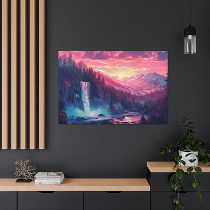 Dreamy Landscape with Waterfall and Mountains - Purple Evening Digital Illustration Canvas Gallery Wraps