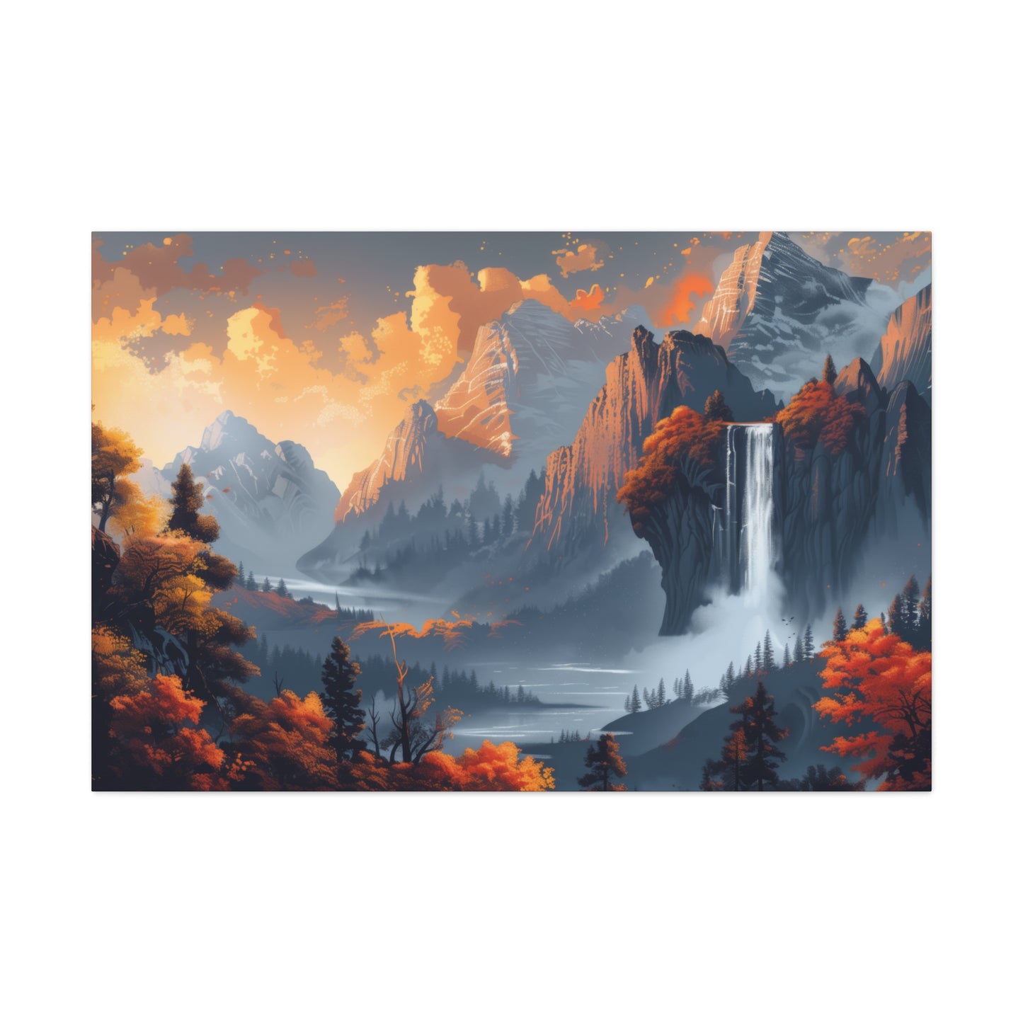 Dreamy Landscape Morning with Waterfall and Mountains - Digital Illustration Canvas Gallery Wraps