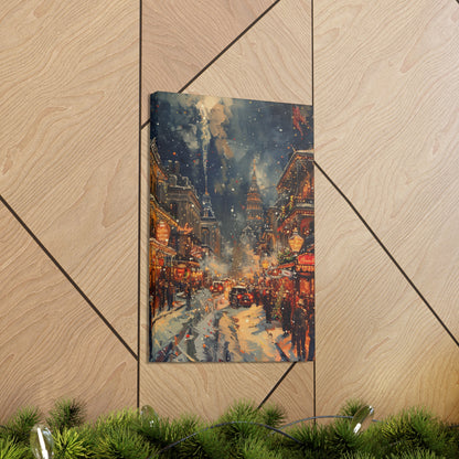 Christmas Street Corner in Downtown - Rembrandt Style Digital Oil Painting Canvas Gallery Wraps