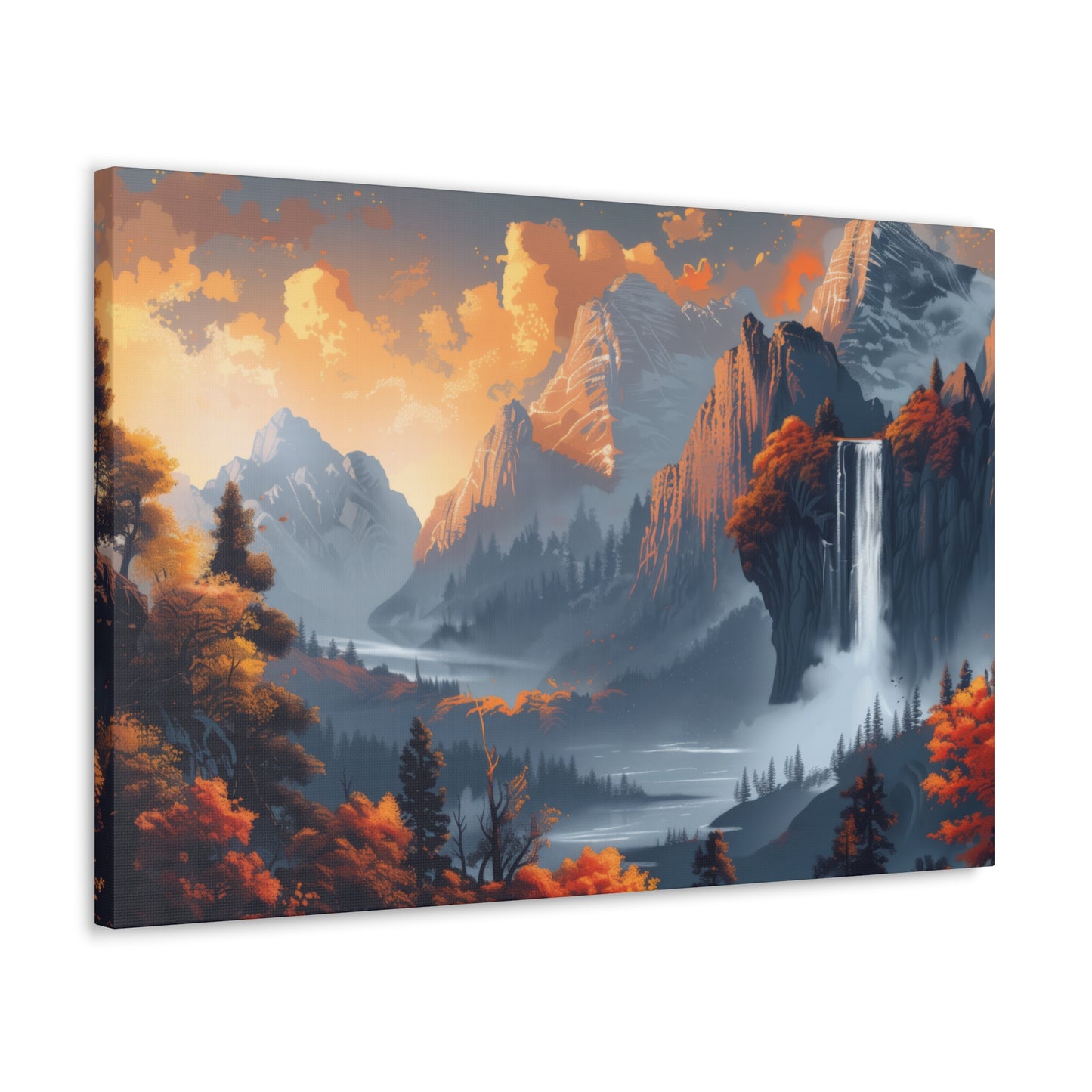 Dreamy Landscape Morning with Waterfall and Mountains - Digital Illustration Canvas Gallery Wraps