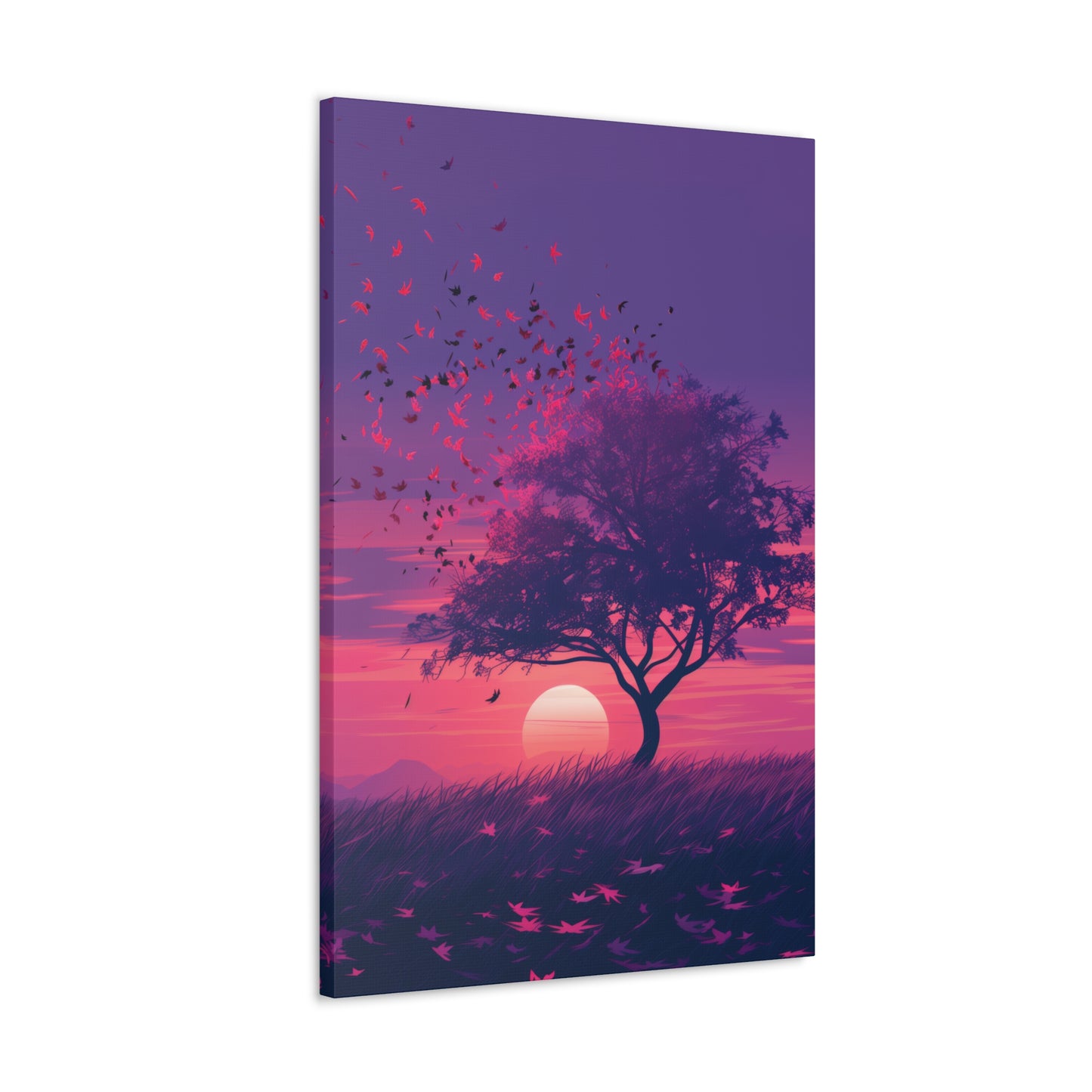 Tree in a Purple Sunset Digital Illustration Canvas Gallery Wraps