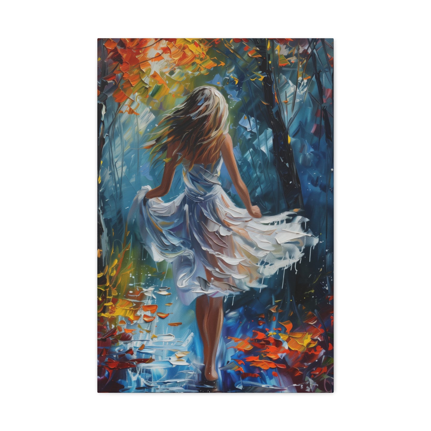 girl walking in the street wearing white dress - Leonid Afremov Style Digital Print Canvas Gallery Wraps