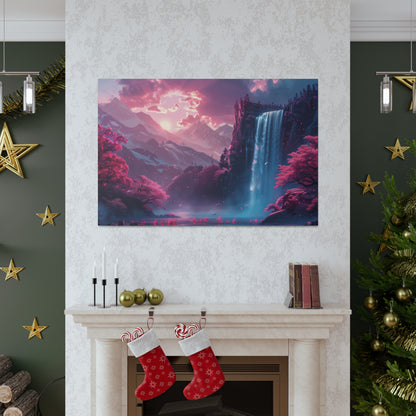 Dreamy Landscape Sunset with Waterfall and Mountains - Digital Illustration Canvas Gallery Wraps