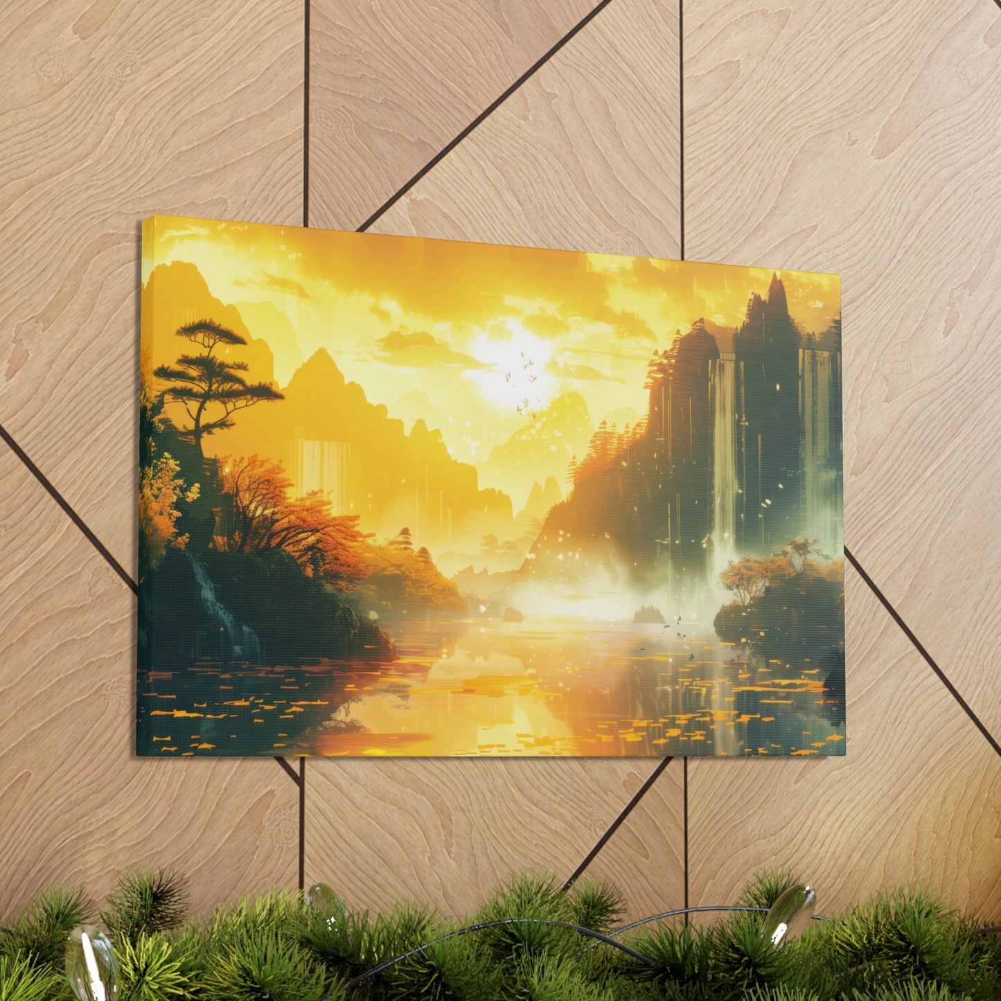 Dreamy Landscape Sunset with Waterfall and Mountains - Digital Illustration Canvas Gallery Wraps