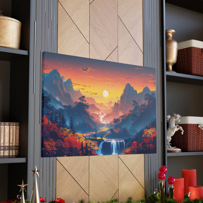 Dreamy Landscape Sunset with Waterfall and Mountains - Digital Illustration Canvas Gallery Wraps