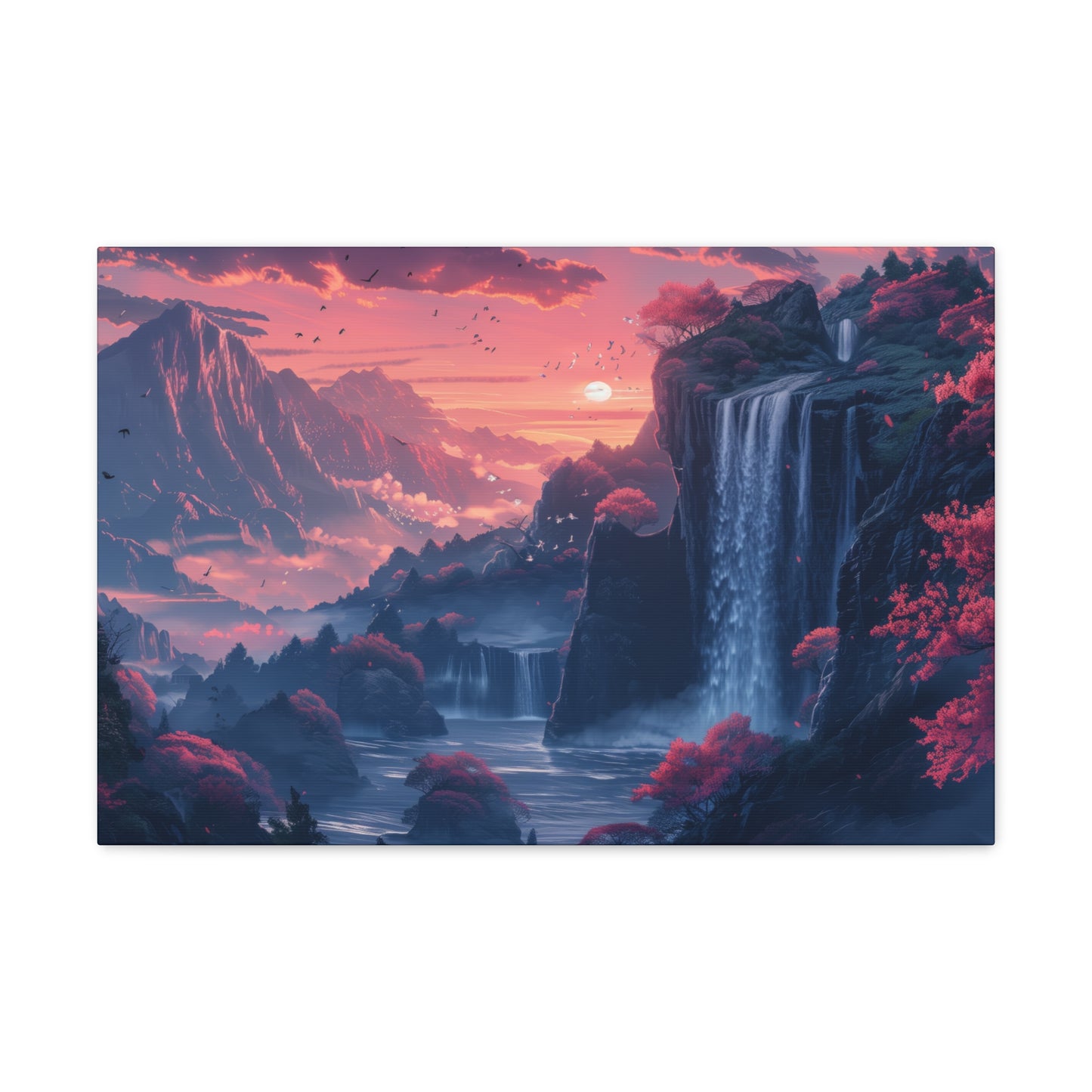 Dreamy Landscape Sunset with Waterfall and Mountains - Digital Illustration Canvas Gallery Wraps