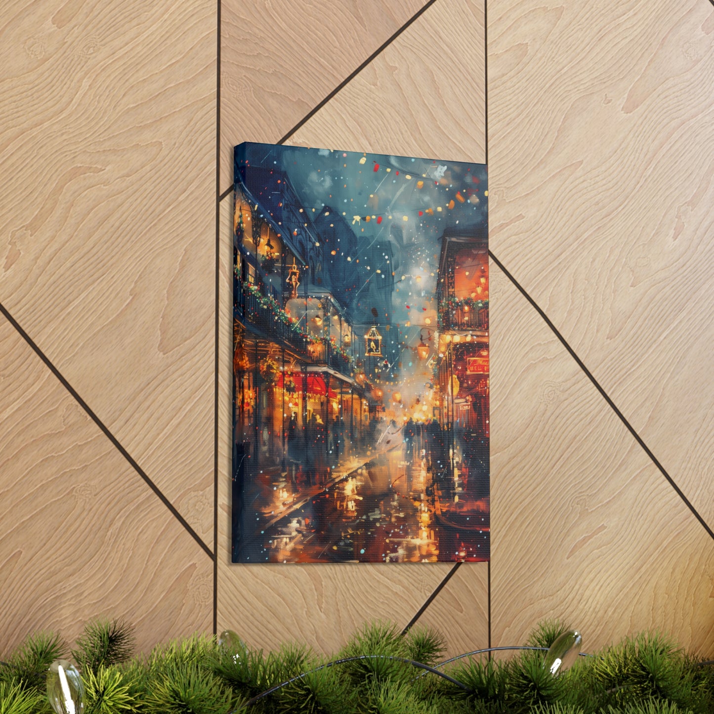 Christmas Street Corner in Downtown - Rembrandt Style Digital Oil Painting  Canvas Gallery Wraps