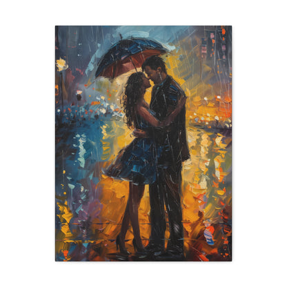 couple in the city streets in a rainy day with umbrella - Leonid Afremov Style Digital Print Canvas Gallery Wraps