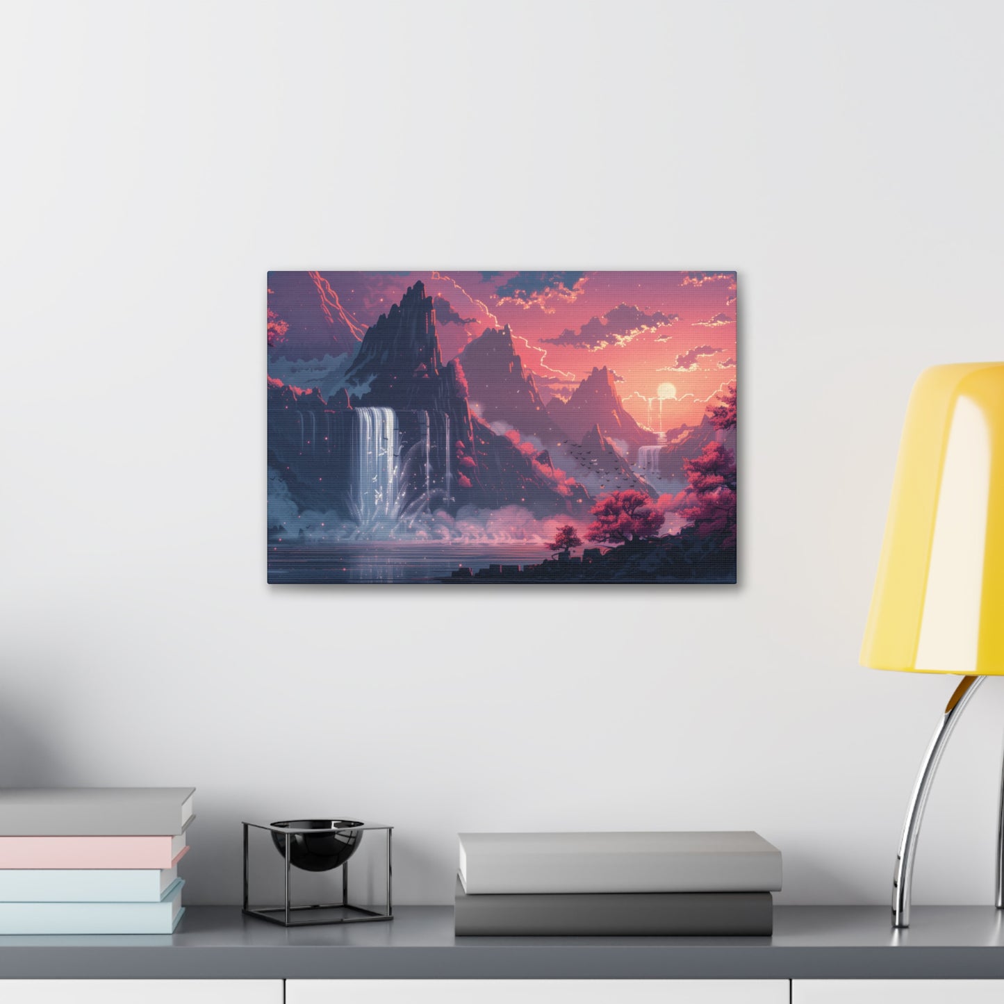 Dreamy Landscape Sunset with Waterfall and Mountains - Digital Illustration Canvas Gallery Wraps