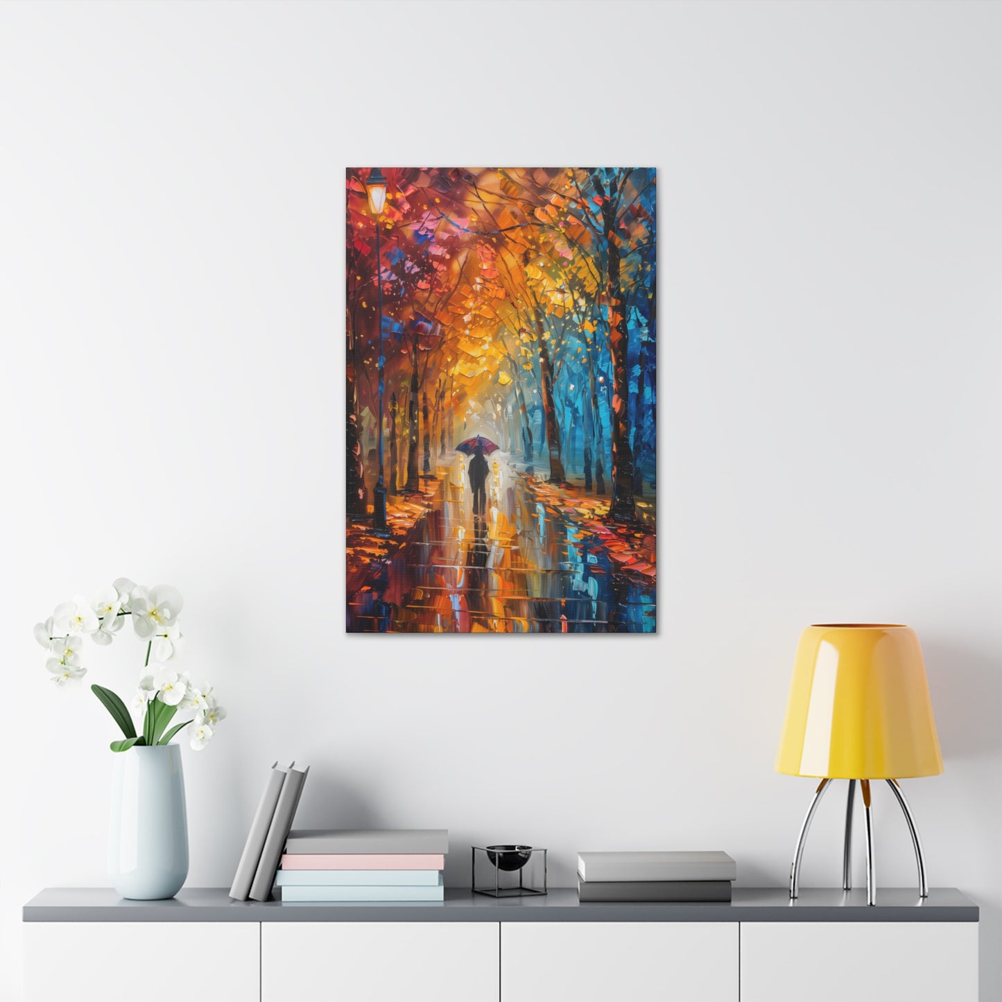 man walking through forest road with umbrella - Leonid Afremov Style Digital Print Canvas Gallery Wraps