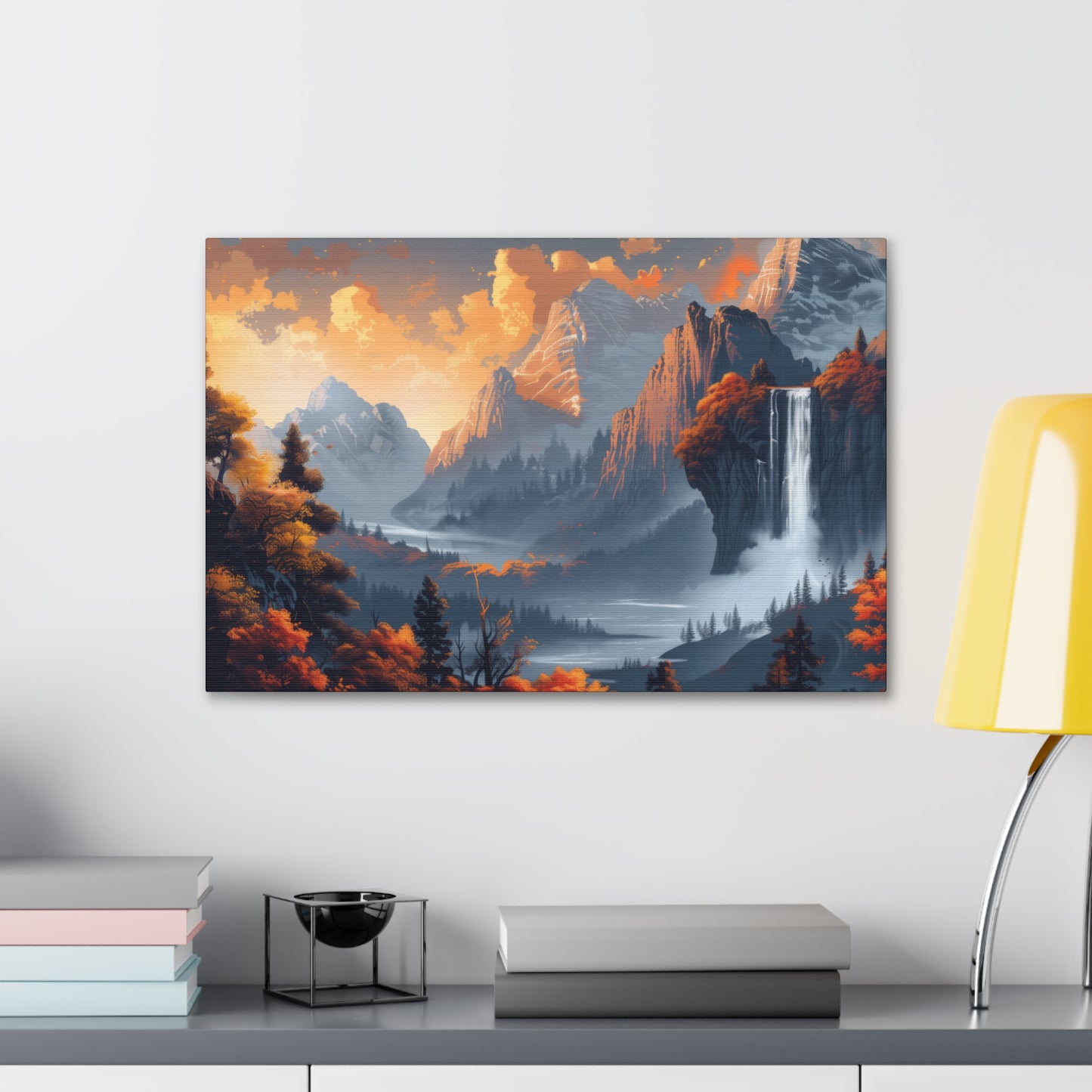 Dreamy Landscape Morning with Waterfall and Mountains - Digital Illustration Canvas Gallery Wraps