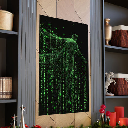 Neon Code Guardian: 3D Glitch Superman Matrix Effect - Digital Illustration Matte Vertical Poster