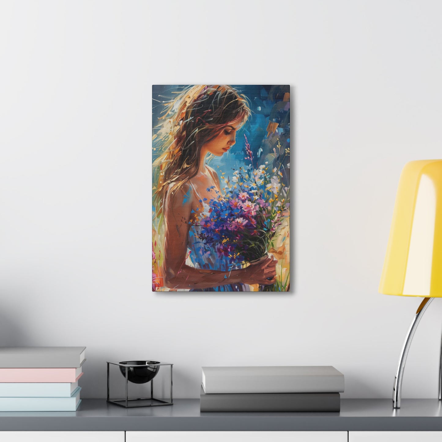 girl holding a flower bouquet - Leonid Afremov Style Digital Print Canvas Gallery Wraps