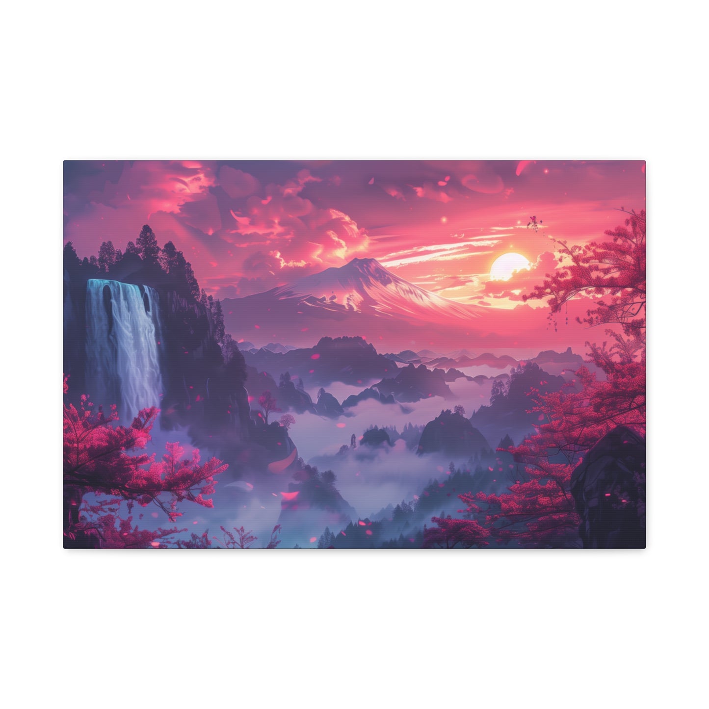 Dreamy Landscape Sunset with Waterfall and Mountains - Digital Illustration Canvas Gallery Wraps