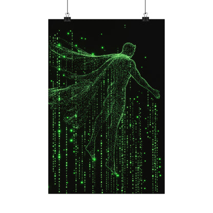 Neon Code Guardian: 3D Glitch Superman Matrix Effect - Digital Illustration Matte Vertical Poster