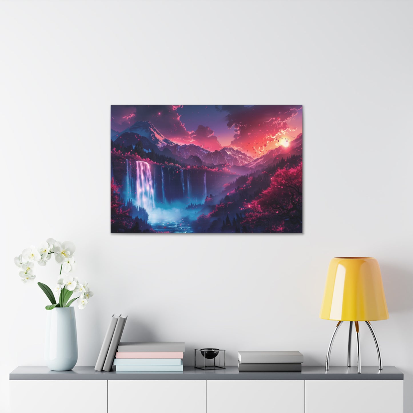 Dreamy Landscape Sunset with Waterfall and Mountains - Digital Illustration Canvas Gallery Wraps