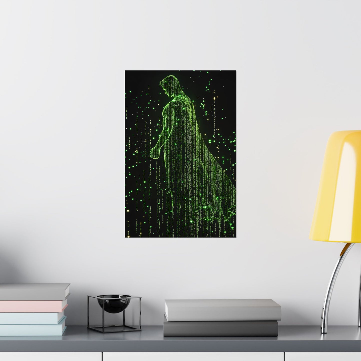 Neon Code Guardian: 3D Glitch Superman Matrix Effect - Digital Illustration Matte Vertical Poster