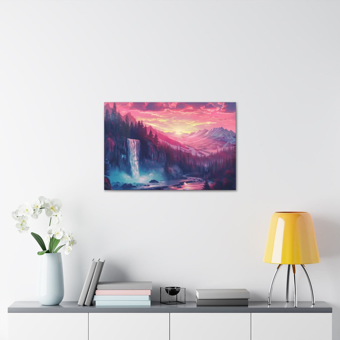 Dreamy Landscape with Waterfall and Mountains - Purple Evening Digital Illustration Canvas Gallery Wraps