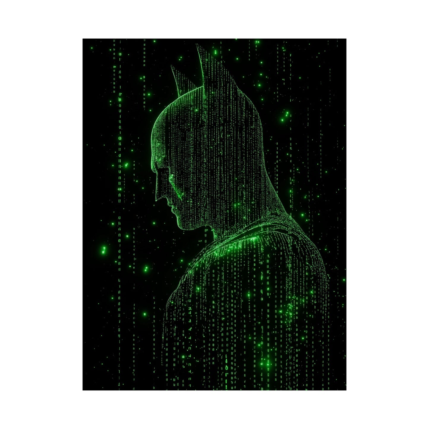 Neon Code Vigilante: 3D Glitch Batman Matrix Effect - Digital Illustration Matte Vertical Poster