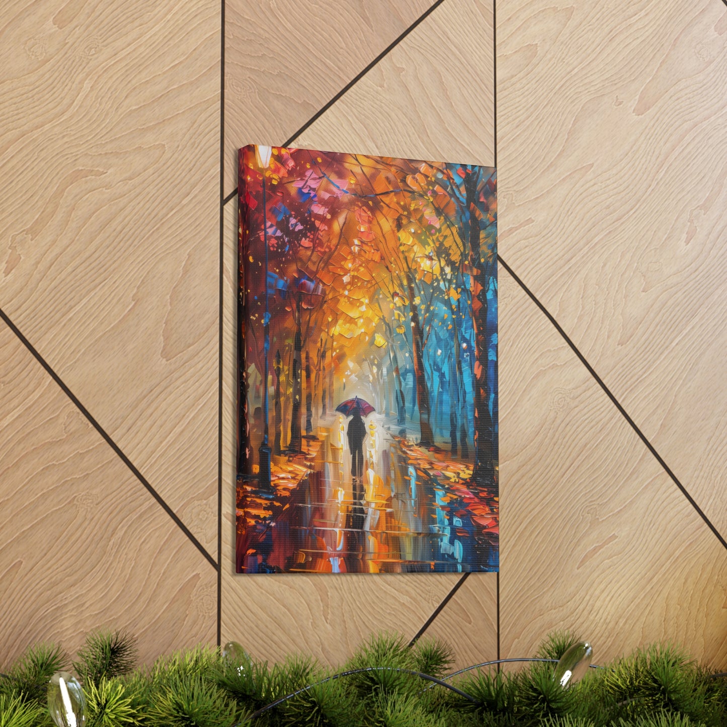 man walking through forest road with umbrella - Leonid Afremov Style Digital Print Canvas Gallery Wraps