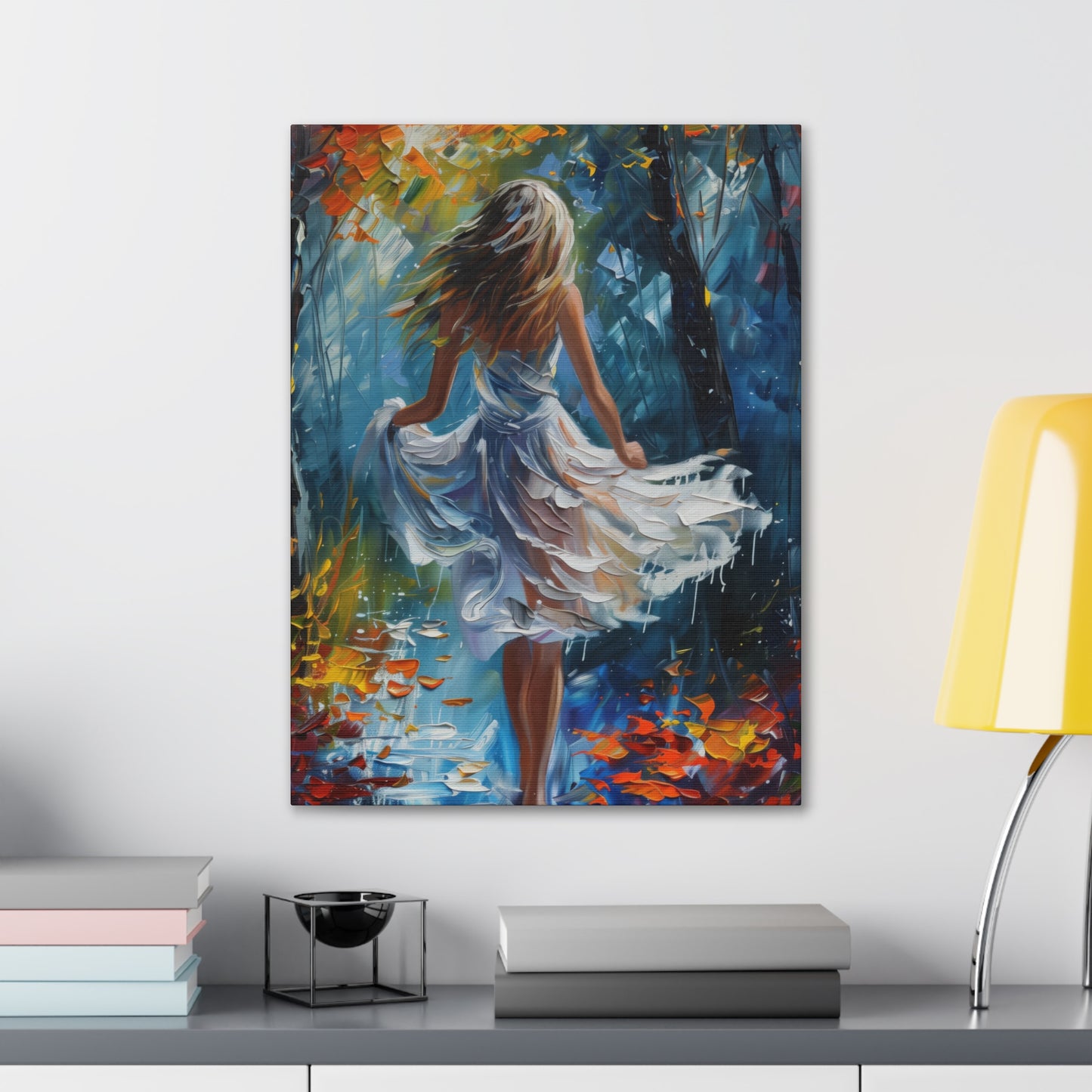 girl walking in the street wearing white dress - Leonid Afremov Style Digital Print Canvas Gallery Wraps