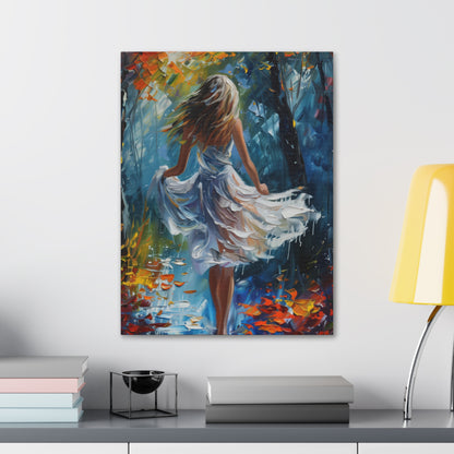 girl walking in the street wearing white dress - Leonid Afremov Style Digital Print Canvas Gallery Wraps