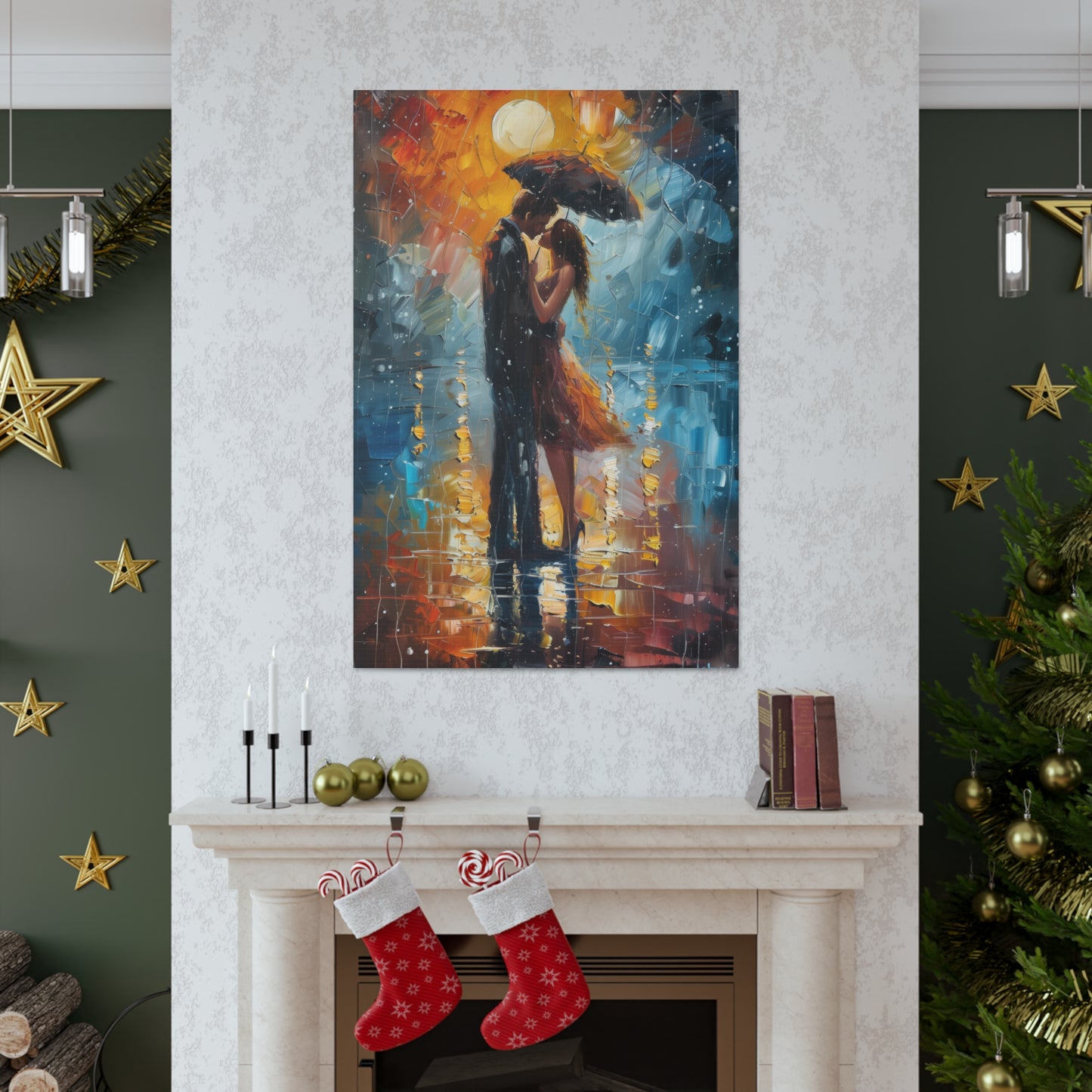 couple holding a umbrella in rain - Leonid Afremov Style Digital Print Canvas Gallery Wraps