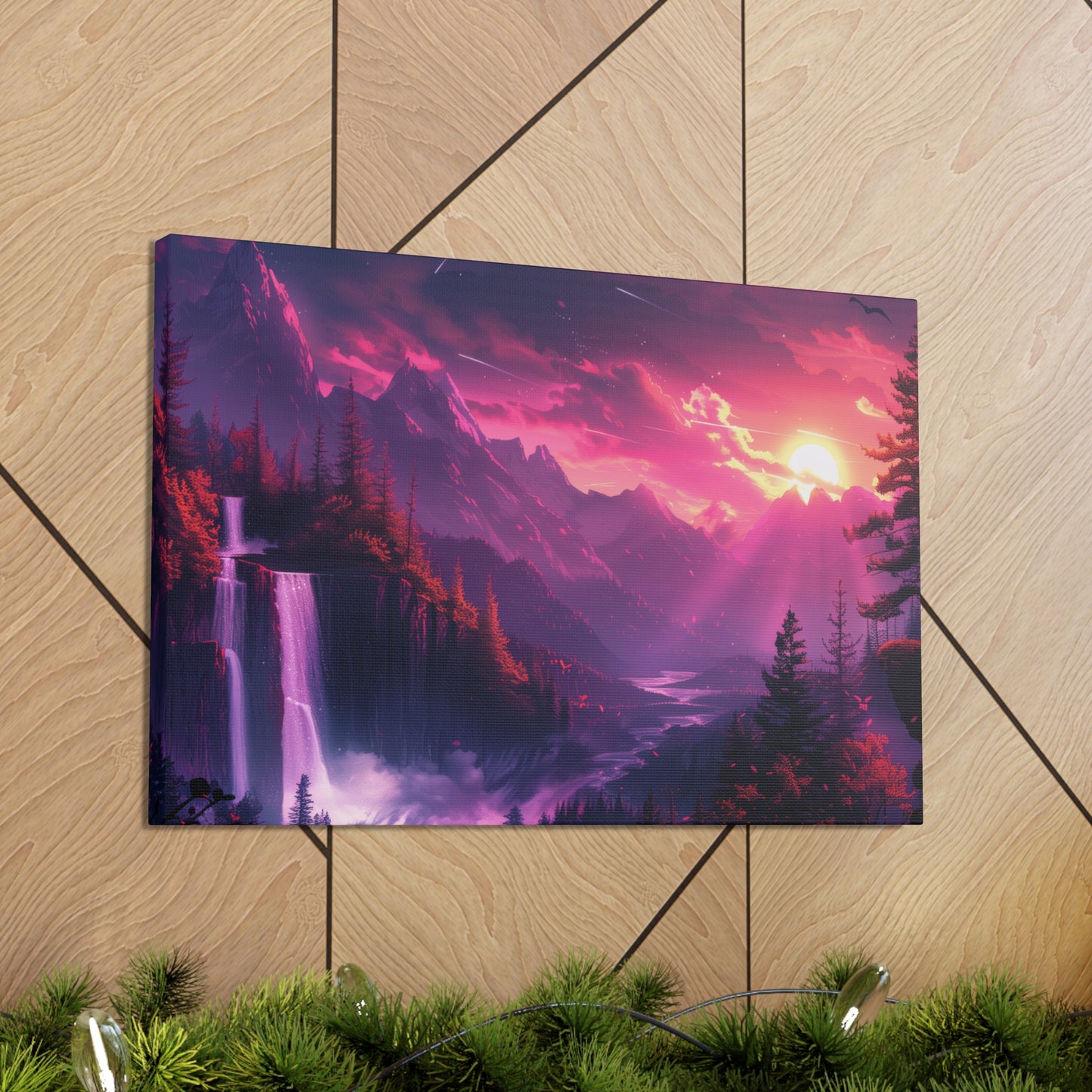 Dreamy Landscape with Waterfall and Mountains - Purple Evening Digital Illustration Canvas Gallery Wraps