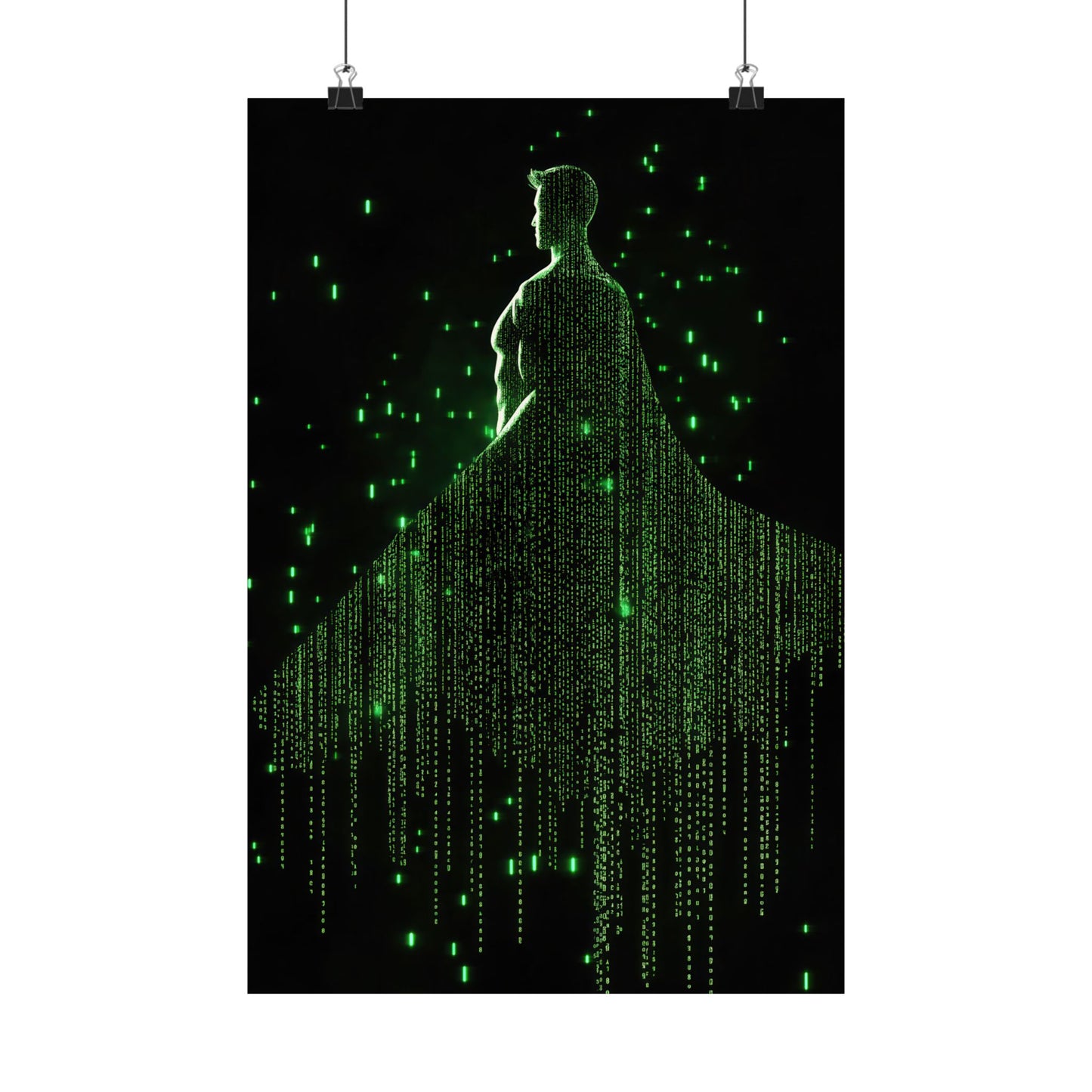 Neon Code Guardian: 3D Glitch Superman Matrix Effect - Digital Illustration Matte Vertical Poster