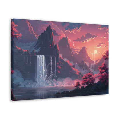 Dreamy Landscape Sunset with Waterfall and Mountains - Digital Illustration Canvas Gallery Wraps