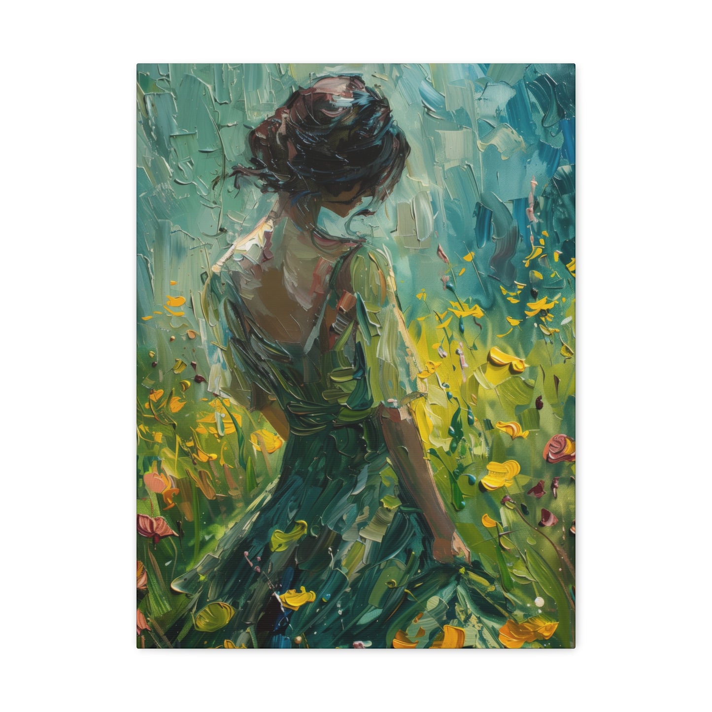 girl in a flower field wearing a green dress Digital Oil Painting Print Canvas Gallery Wraps