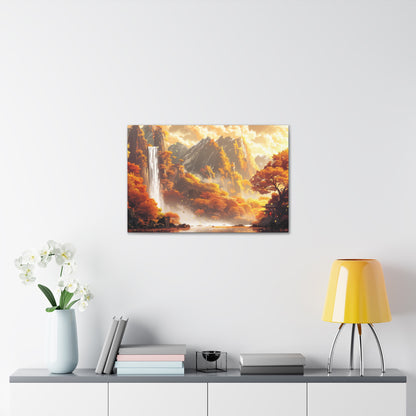 Dreamy Landscape Sunset with Waterfall and Mountains - Digital Illustration Canvas Gallery Wraps