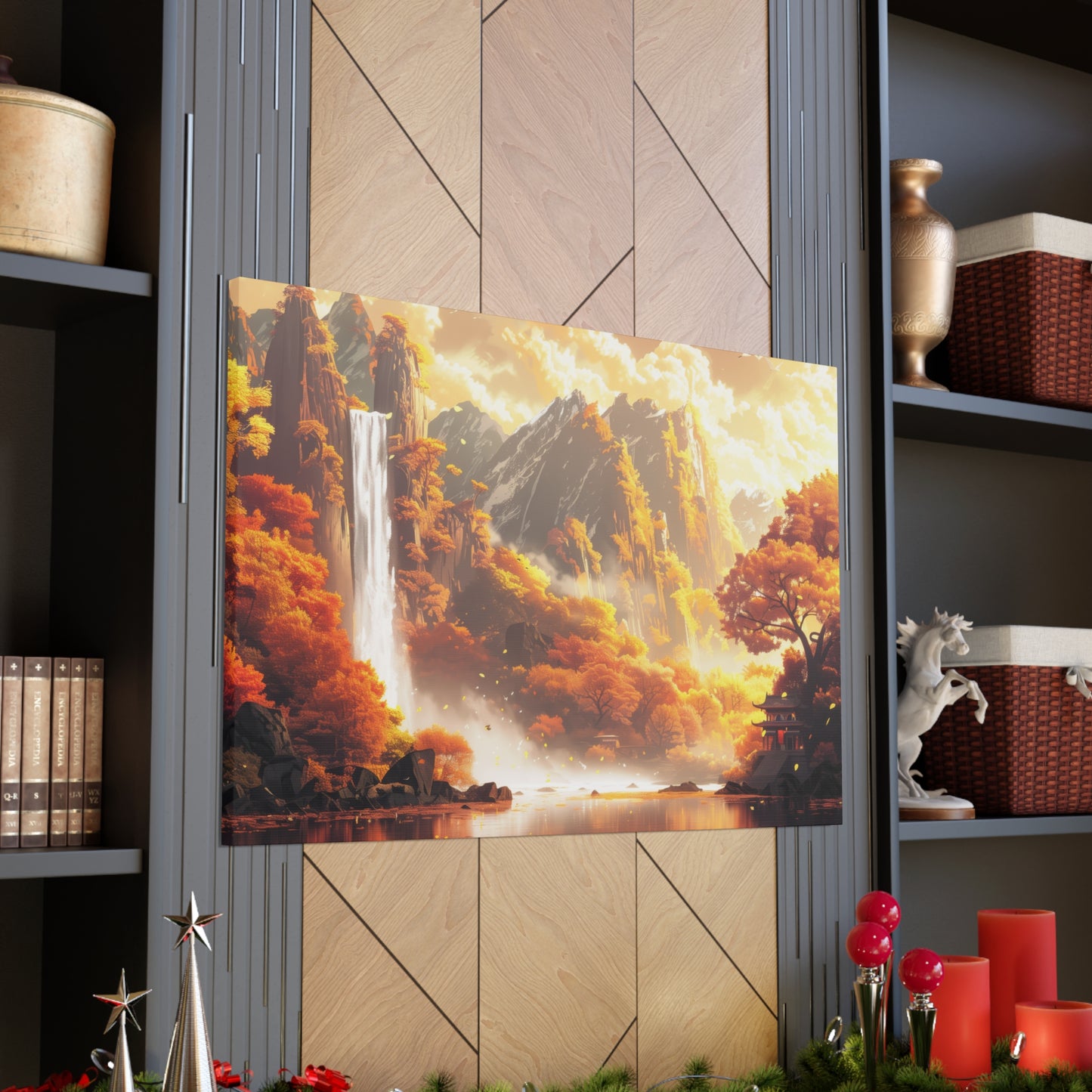 Dreamy Landscape Sunset with Waterfall and Mountains - Digital Illustration Canvas Gallery Wraps