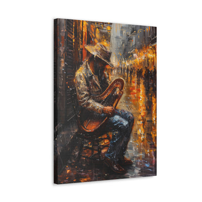 Street Harpist - Rembrandt Style Digital Oil Painting Canvas Gallery Wraps