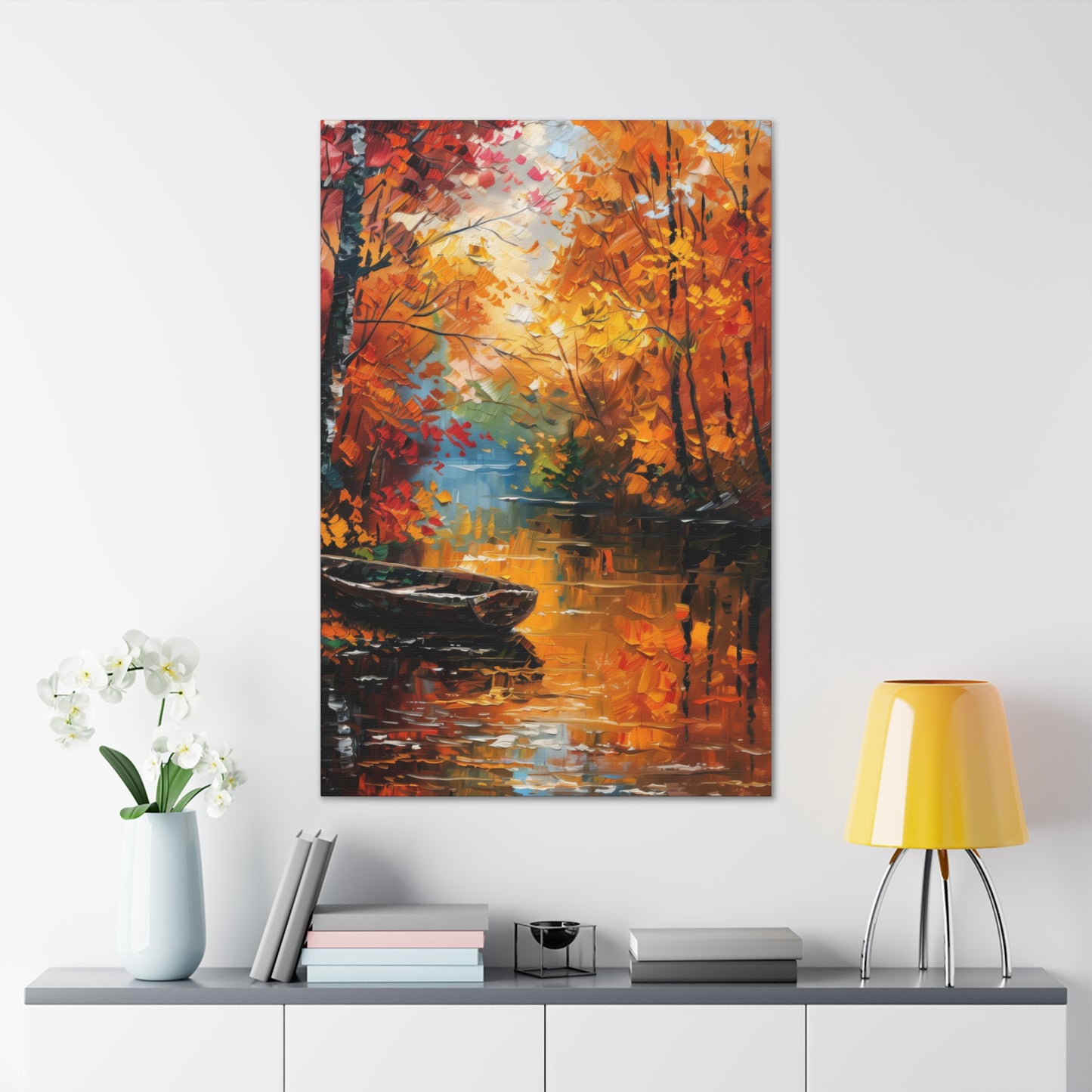 Boat in river side which flows through autumn forest - Leonid Afremov Style Digital Print Canvas Gallery Wraps