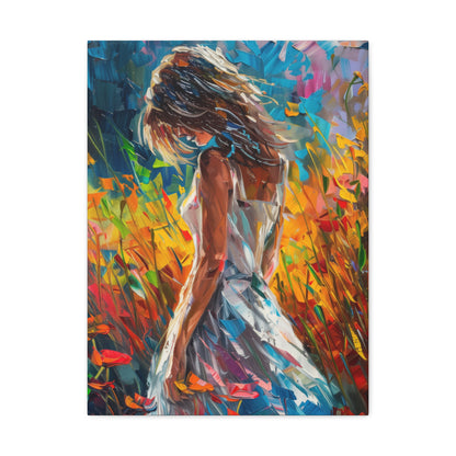 a girl standing in flower field Digital Oil Painting Print Canvas Gallery Wraps