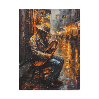 Street Harpist - Rembrandt Style Digital Oil Painting Canvas Gallery Wraps