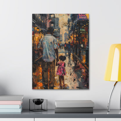 Father and Daughter Walking on the Street - Rembrandt Style Digital Oil Painting Canvas Gallery Wraps