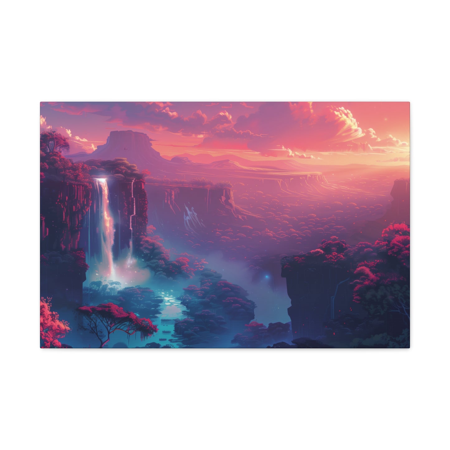 Dreamy Landscape with Waterfall and Mountains - Purple Evening Digital Illustration Canvas Gallery Wraps