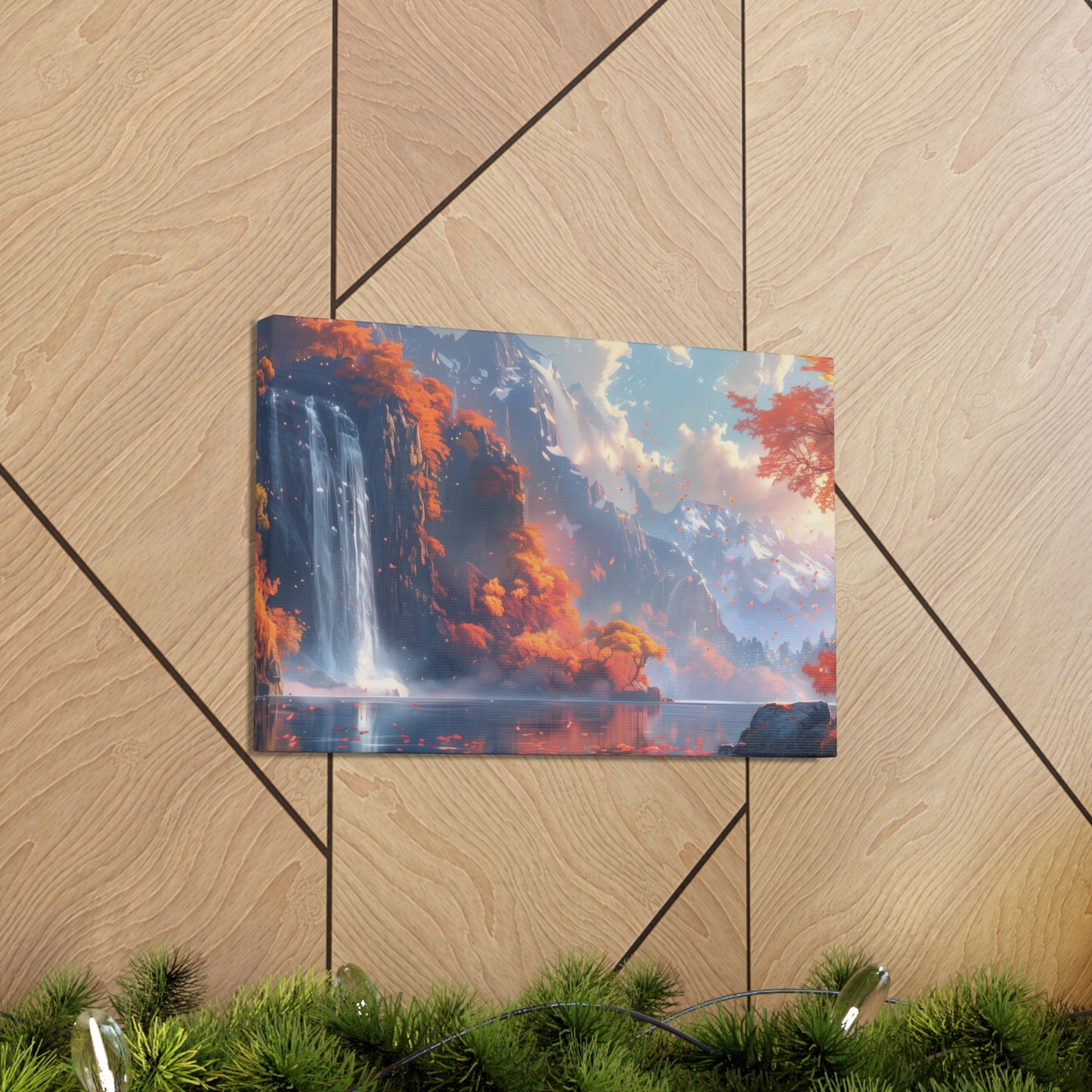 Dreamy Landscape Sunset with Waterfall and Mountains - Digital Illustration Canvas Gallery Wraps