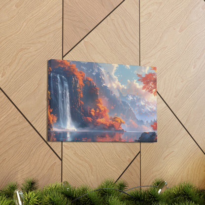 Dreamy Landscape Sunset with Waterfall and Mountains - Digital Illustration Canvas Gallery Wraps