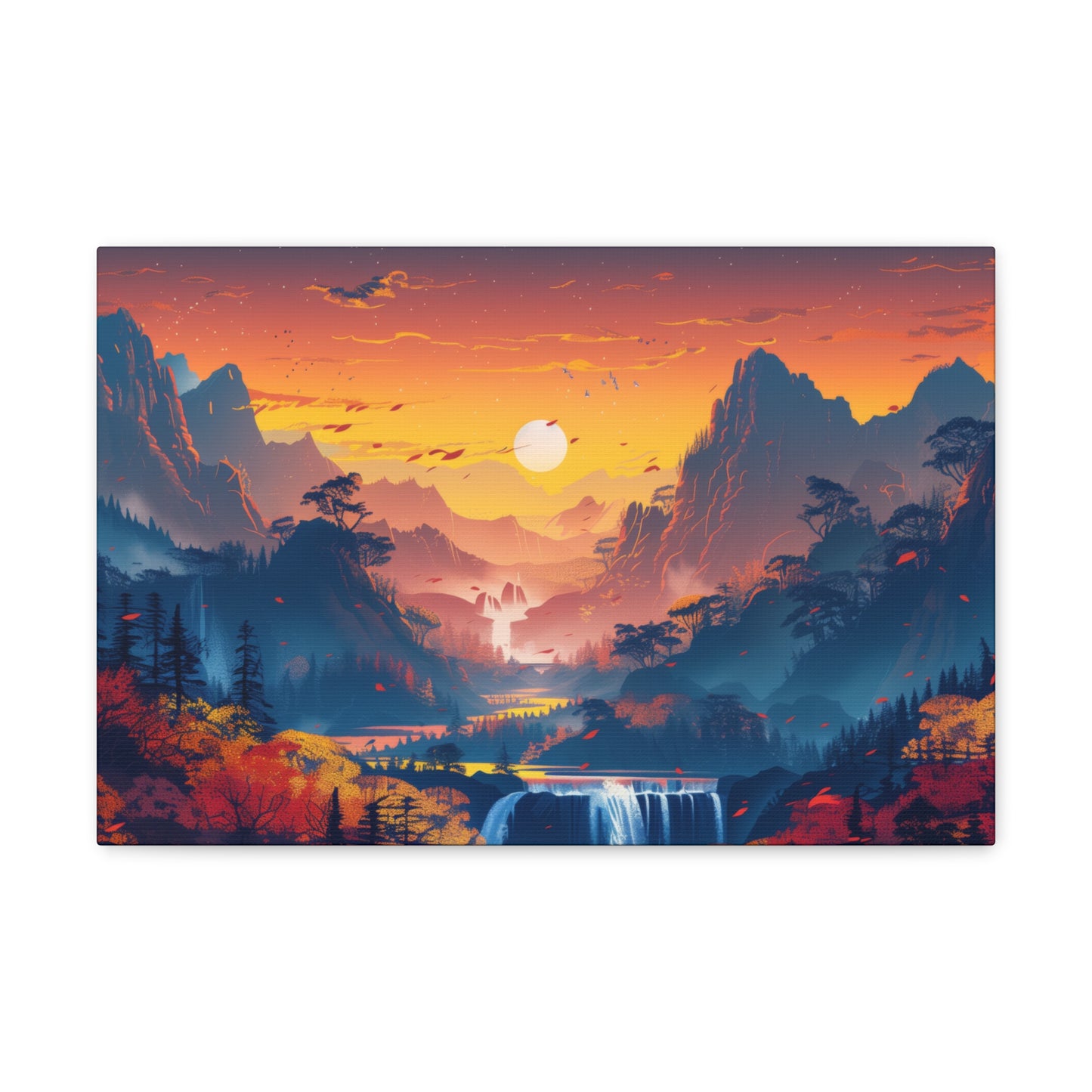 Dreamy Landscape Sunset with Waterfall and Mountains - Digital Illustration Canvas Gallery Wraps