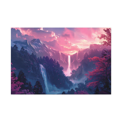 Dreamy Landscape with Waterfall and Mountains - Purple Evening Digital Illustration Canvas Gallery Wraps