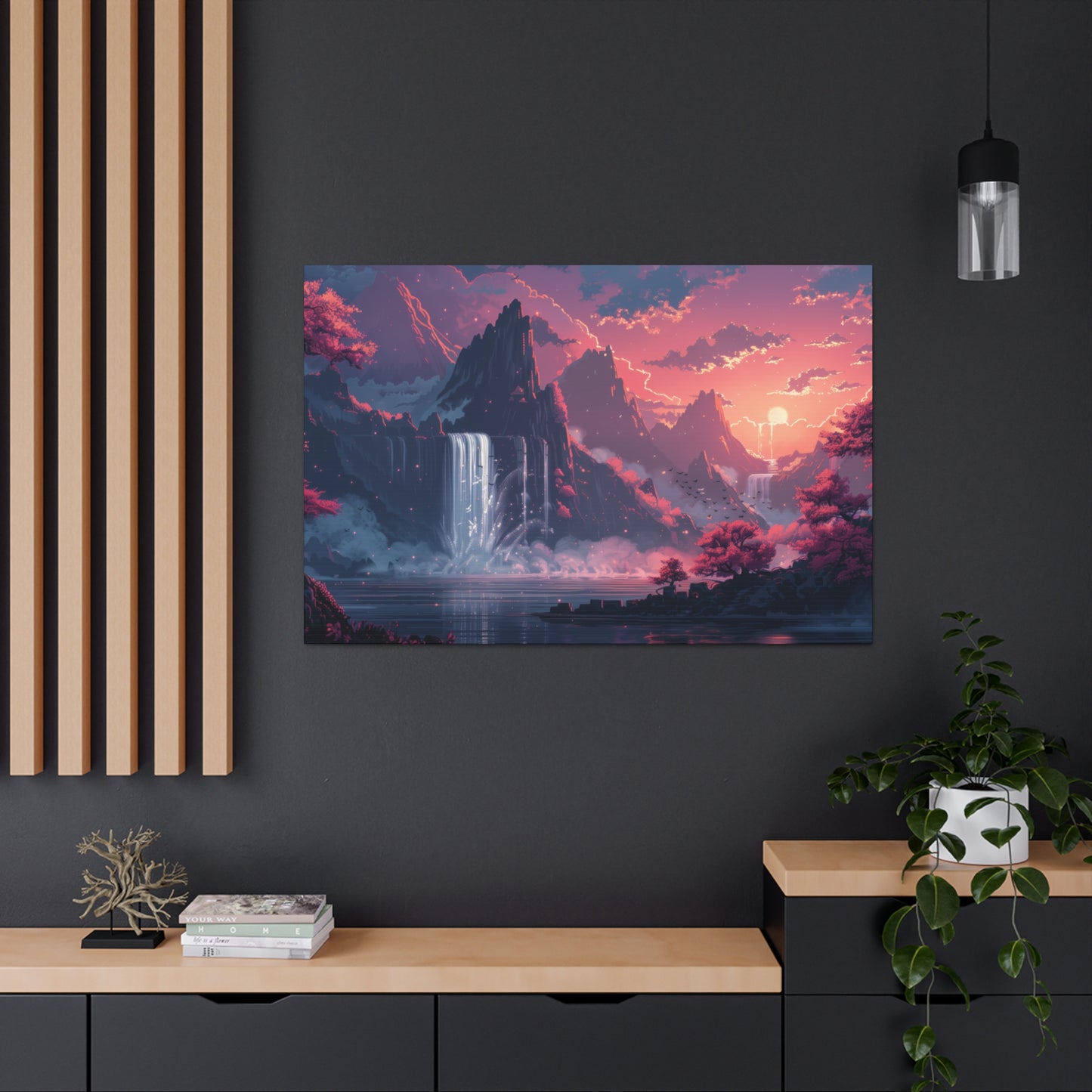 Dreamy Landscape Sunset with Waterfall and Mountains - Digital Illustration Canvas Gallery Wraps