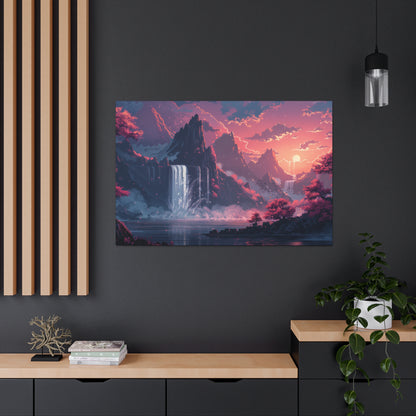 Dreamy Landscape Sunset with Waterfall and Mountains - Digital Illustration Canvas Gallery Wraps