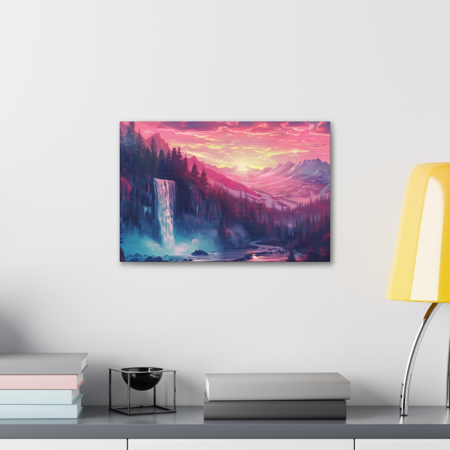 Dreamy Landscape with Waterfall and Mountains - Purple Evening Digital Illustration Canvas Gallery Wraps