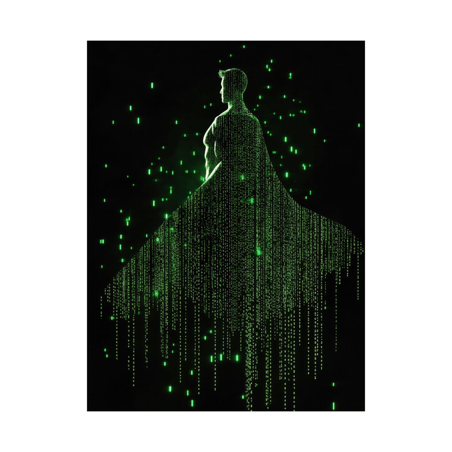 Neon Code Guardian: 3D Glitch Superman Matrix Effect - Digital Illustration Matte Vertical Poster