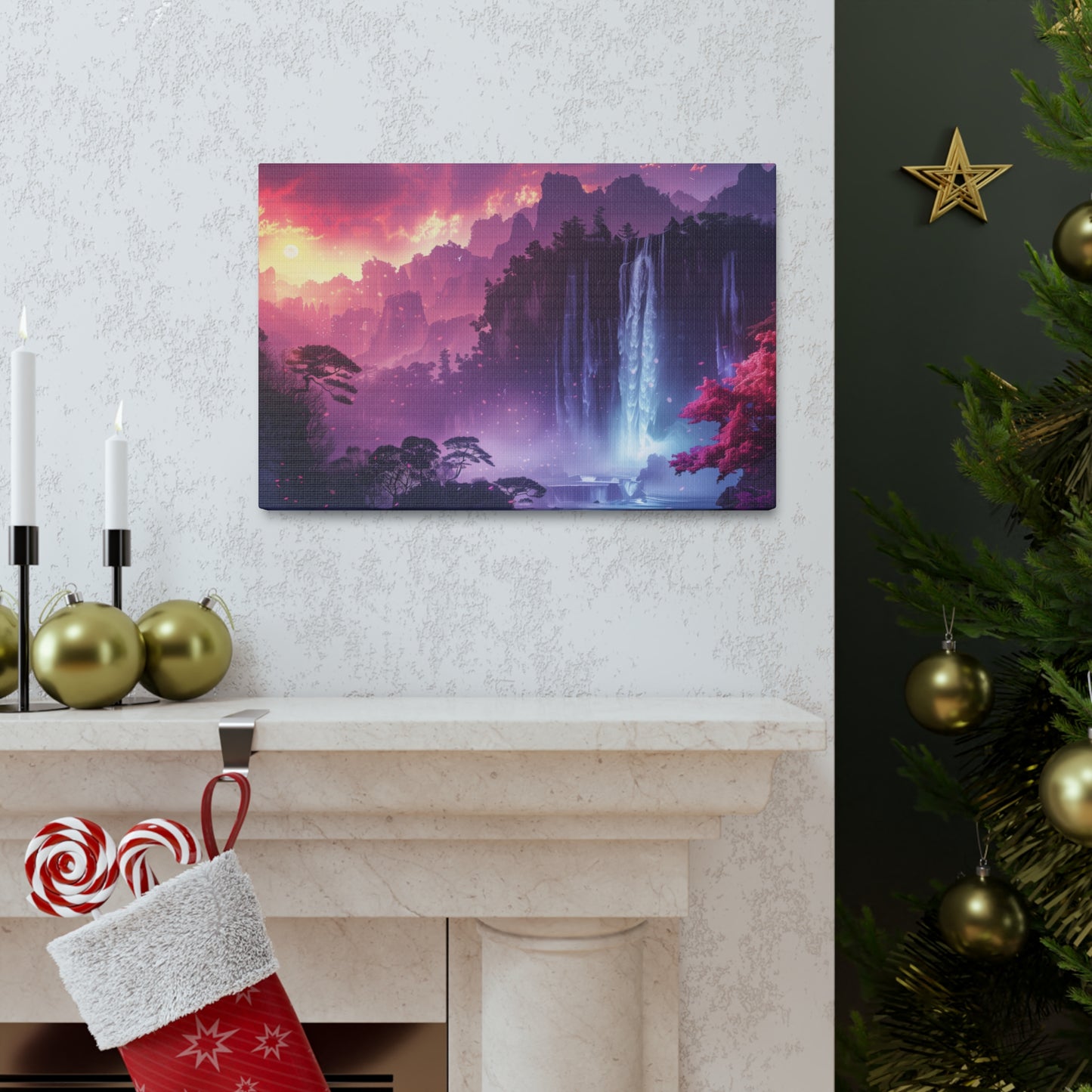 Dreamy Landscape Sunset with Waterfall and Mountains - Digital Illustration Canvas Gallery Wraps